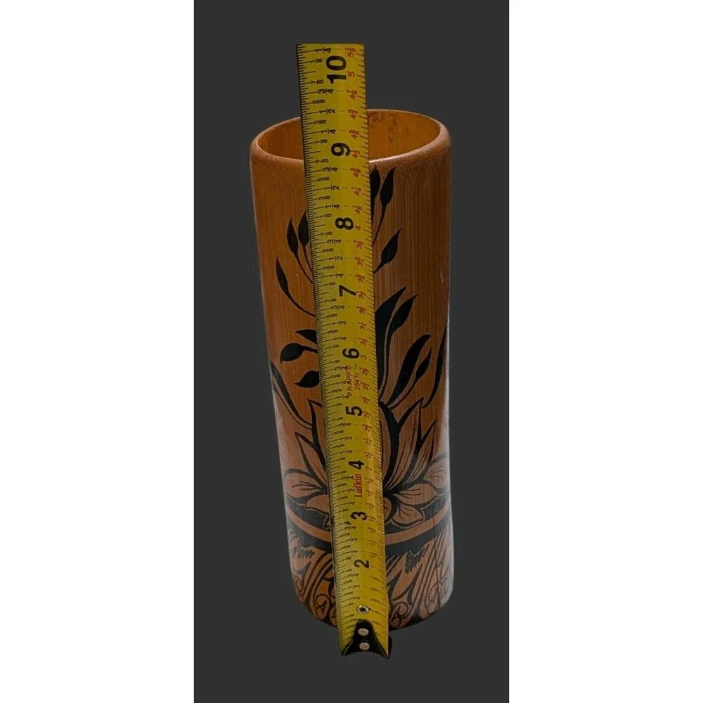 Vintage Abeysekera Industries Ceylon Lacquer Bamboo Cylinder Vase Hand Painted